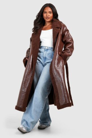 Womens Plus Teddy Trim Vinyl Belted Coat - Brown - 22, Brown