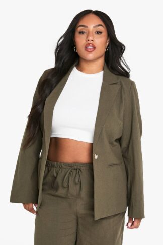 Womens Plus Textured Linen Look Single Breasted Blazer - Green - 16, Green
