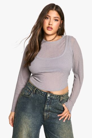 Womens Plus Textured Mesh 2 Layer Long Sleeve Top - Grey - 26, Grey