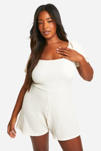 Womens Plus Textured Puff Sleeve Flippy Playsuit - White - 16, White