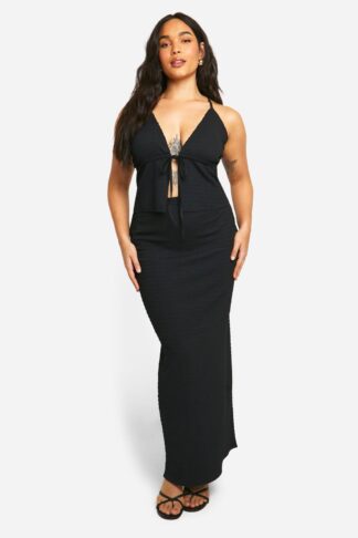 Womens Plus Textured Tie Cami Top & Wrap Maxi Skirt Co Ord - Black - 28, Black