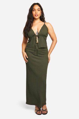 Womens Plus Textured Tie Cami Top & Wrap Maxi Skirt Co Ord - Green - 28, Green