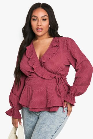Womens Plus Textured Tie Detail Wrap Ruffle Blouse - Pink - 16, Pink