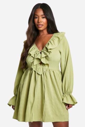 Womens Plus Textured Woven Frill Skater Dress - Green - 16, Green