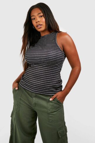 Womens Plus Thin Stripe Rib Racer Vest - Black - 16, Black