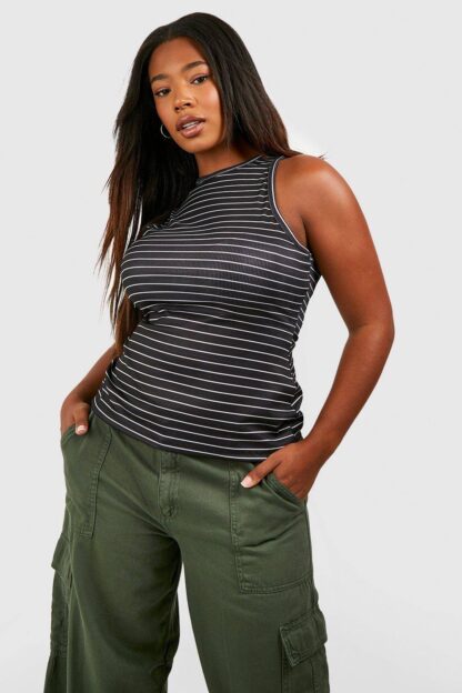 Womens Plus Thin Stripe Rib Racer Vest - Black - 16, Black
