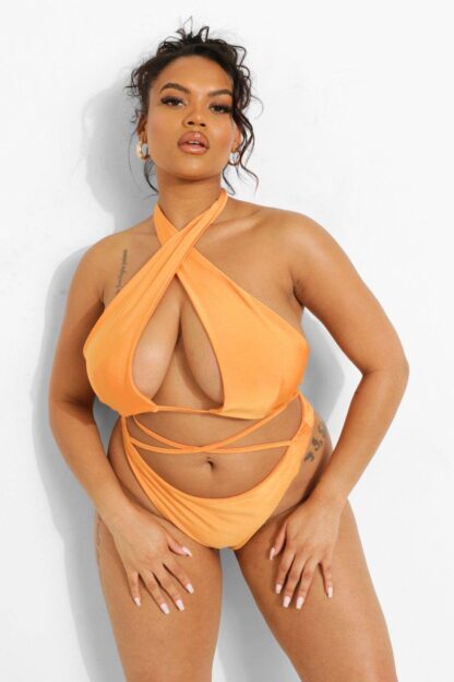 Womens Plus Tropicana Cross Front Bikini Crop Top - Orange - 26, Orange