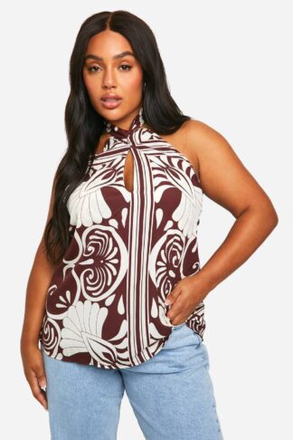 Womens Plus Twist Neck Halter Top - Brown - 18, Brown