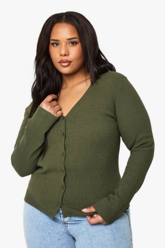 Womens Plus V Neck Ribbed Button Down Top - Green - 16, Green