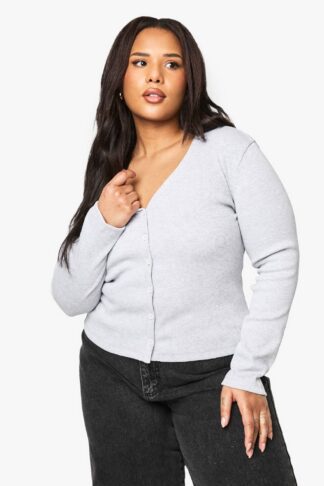 Womens Plus V Neck Ribbed Button Down Top - Grey - 16, Grey