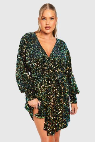 Womens Plus Velvet Sequin Wrap Dress - Green - 28, Green