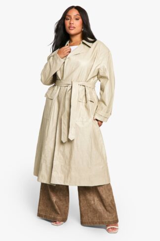 Womens Plus Vintage Look Faux Leather Trench Coat - Beige - 16, Beige