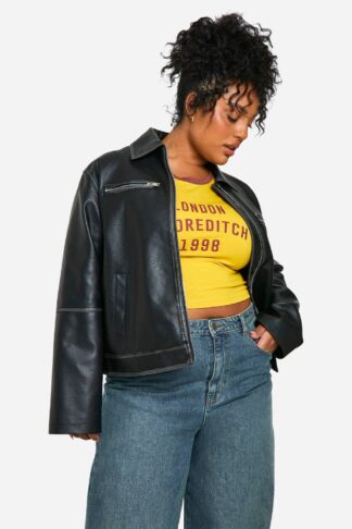 Womens Plus Vintage Look Faux Leather Zip Jacket - Black - 28, Black