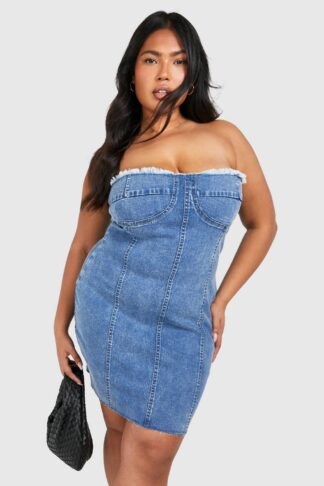 Womens Plus Washed Bandeau Denim Dress - Blue - 28, Blue