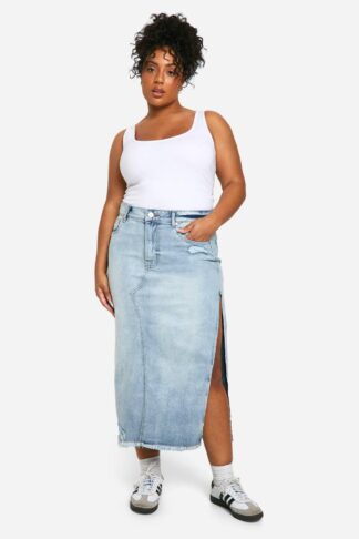 Womens Plus Washed Denim Distressed Skirt - Blue - 28, Blue