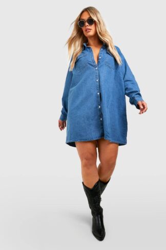 Womens Plus Western Denim Shirt Dress - Blue - 18, Blue
