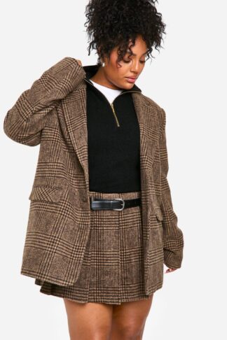 Womens Plus Wool Look Check Double Breasted Blazer - Brown - 20, Brown