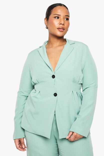 Womens Plus Woven Cinched Waist Blazer - Light Khaki - 16