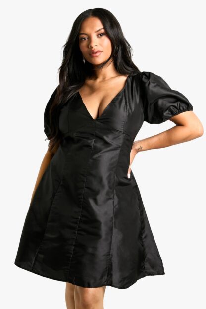 Womens Plus Woven Pleated Detail Puff Sleeve Skater Dress - Black - 16, Black