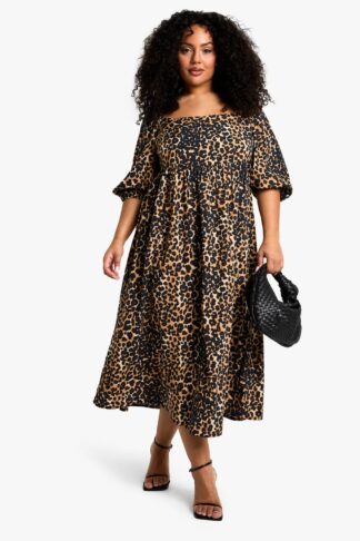 Womens Plus Woven Puff Sleeve Tie Back Smock Dress - Multi - 16, Multi