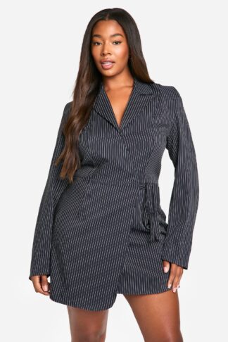 Womens Plus Woven Stripe Tailored Wrap Dress - Navy - 22, Navy