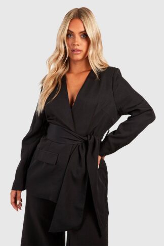 Womens Plus Woven Tie Belt Pocket Blazer - Black - 26, Black