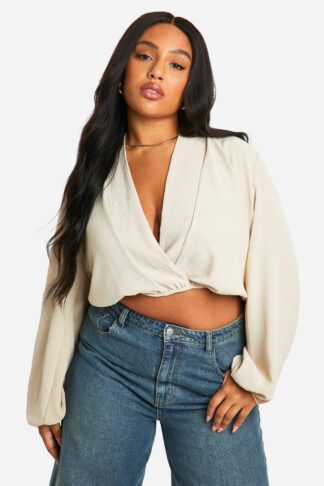 Womens Plus Wrap Plunge Elasticated Waist Blouse - Beige - 18, Beige
