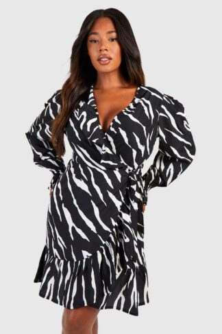 Womens Plus Zebra Long Sleeve Wrap Dress - Black - 28, Black