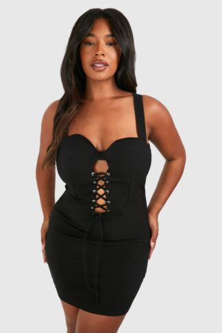 Womens Plus Bengaline Lace Up Bodycon Dress - Black - 22, Black