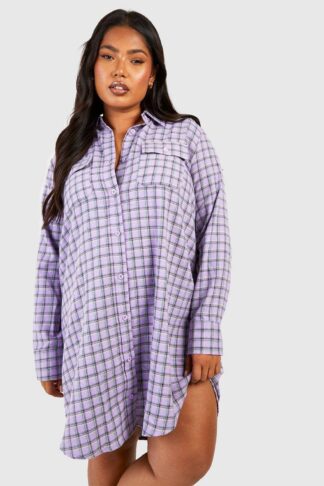 Womens Plus Checked Long Sleeve Shirt Dress - Purple - 22, Purple