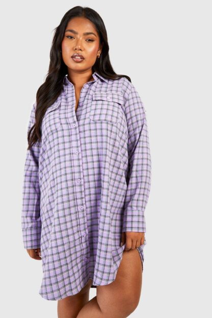 Womens Plus Checked Long Sleeve Shirt Dress - Purple - 22, Purple