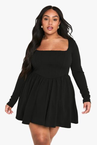 Womens Plus Corset Detail Skater Dress - Black - 16, Black