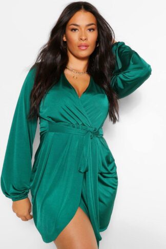 Womens Plus Disco Slinky Belted Wrap Dress - Green - 18, Green