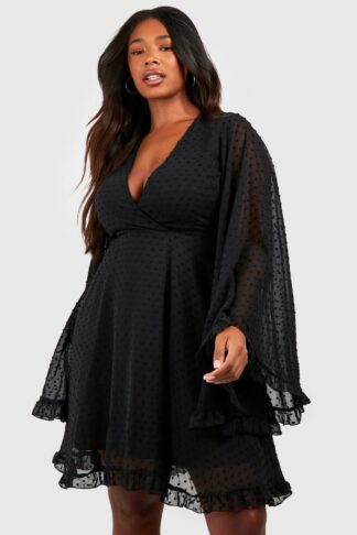 Womens Plus Dobby Chiffon Wide Sleeve Skater Dress - Black - 18, Black
