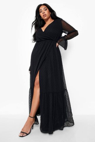Womens Plus Dobby Mesh Long Sleeve Wrap Maxi Dress - Black - 26, Black