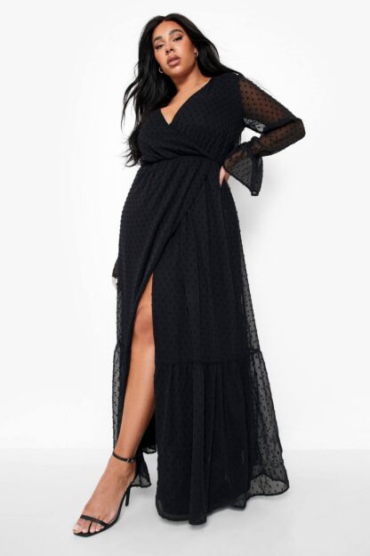 Womens Plus Dobby Mesh Long Sleeve Wrap Maxi Dress - Black - 26, Black
