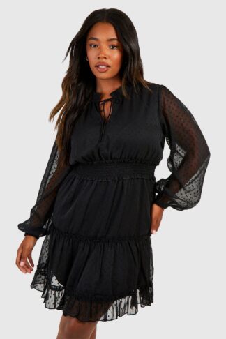 Womens Plus Dobby Mesh Tie Detail Skater Dress - Black - 24, Black