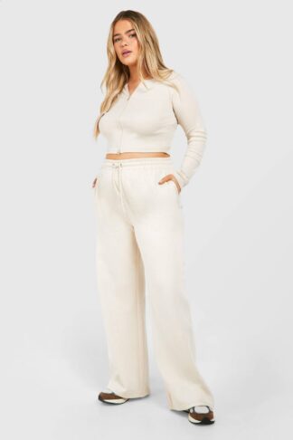 Womens Plus Double Zip Long Sleeve Rib Top And Straight Leg Jogger Set - Beige - 28, Beige