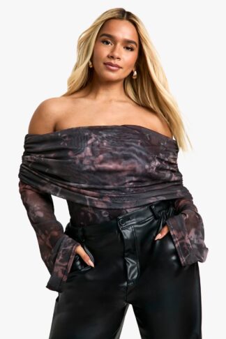 Womens Plus Extreme Mesh Bardot Long Sleeve Top - Black - 28, Black