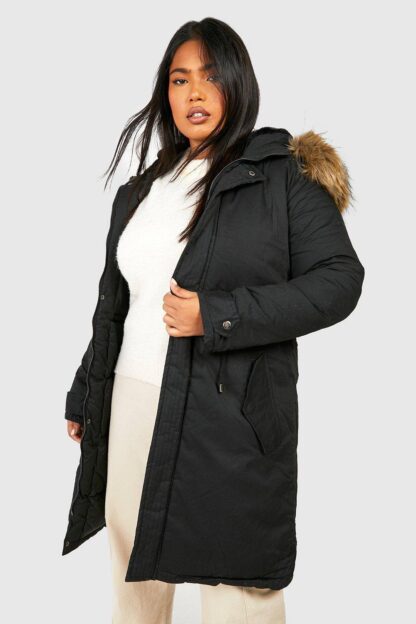 Womens Plus Faux Fur Trim Parka Coat - Black - 24, Black