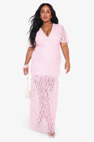 Womens Plus Floral Lace Drop Hem Maxi Dress - Pink - 16, Pink