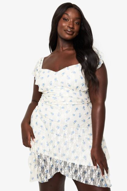 Womens Plus Floral Lace Drop Hem Mini Dress - Blue - 16, Blue