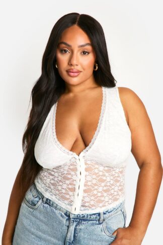 Womens Plus Lace Hook And Eye Corset Top - White - 28, White