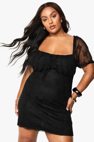 Womens Plus Lace Puff Sleeve Skater Dress - Black - 26, Black