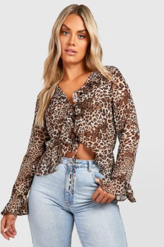 Womens Plus Leopard Print Tie Front Ruffle Hem Blouse - Brown - 22, Brown