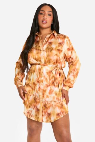 Womens Plus Marble Printed Tie Belt Shirt Dress - Orange - 28, Orange