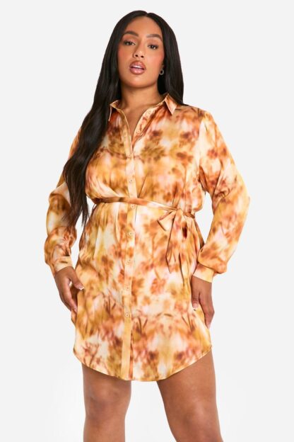 Womens Plus Marble Printed Tie Belt Shirt Dress - Orange - 28, Orange