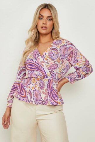 Womens Plus Paisley Peplum Blouse - Purple - 22, Purple