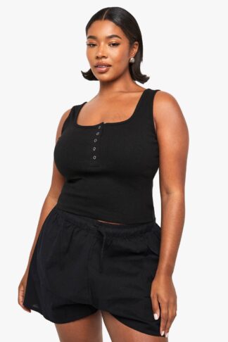 Womens Plus Popper Detail Scoop Neck Vest Top - Black - 16, Black