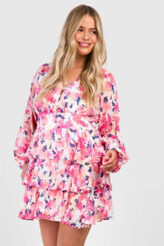 Womens Plus Printed Chiffon Ruffle Skater Dress - Pink - 28, Pink